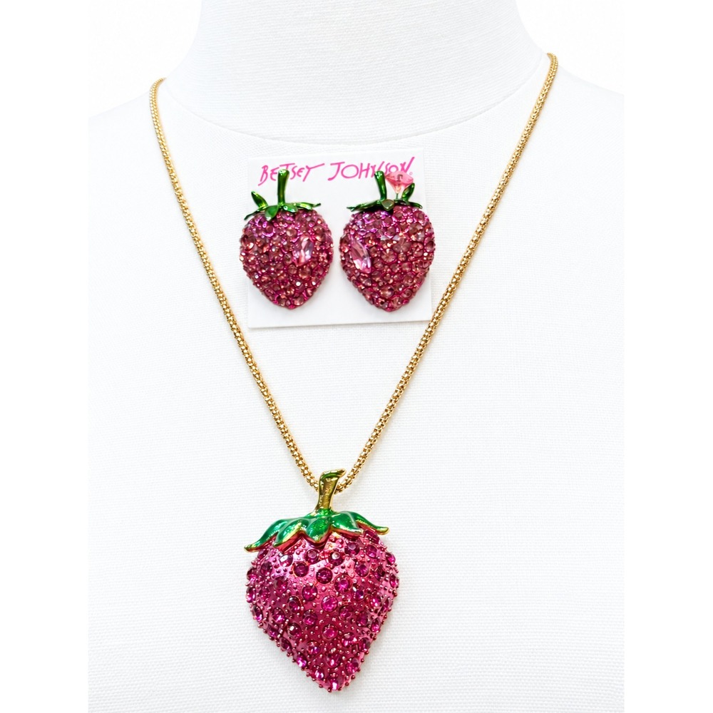 Betsey Johnson Pink Crystal Strawberry Pendant Necklace Earrings Set Whimsical